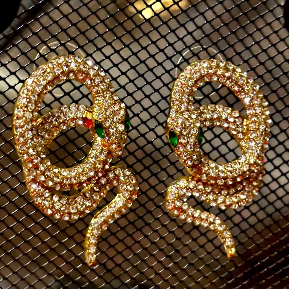 Vintage Gold tone Snake Earrings with Green Accents